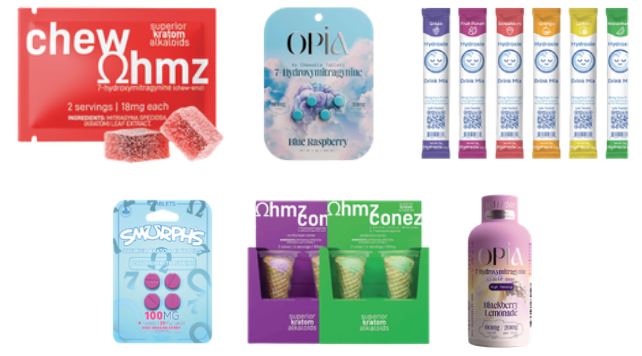 Examples of 7-OH products sold as gummies, tablets, drink mix packets, cones, and a bottled tonic